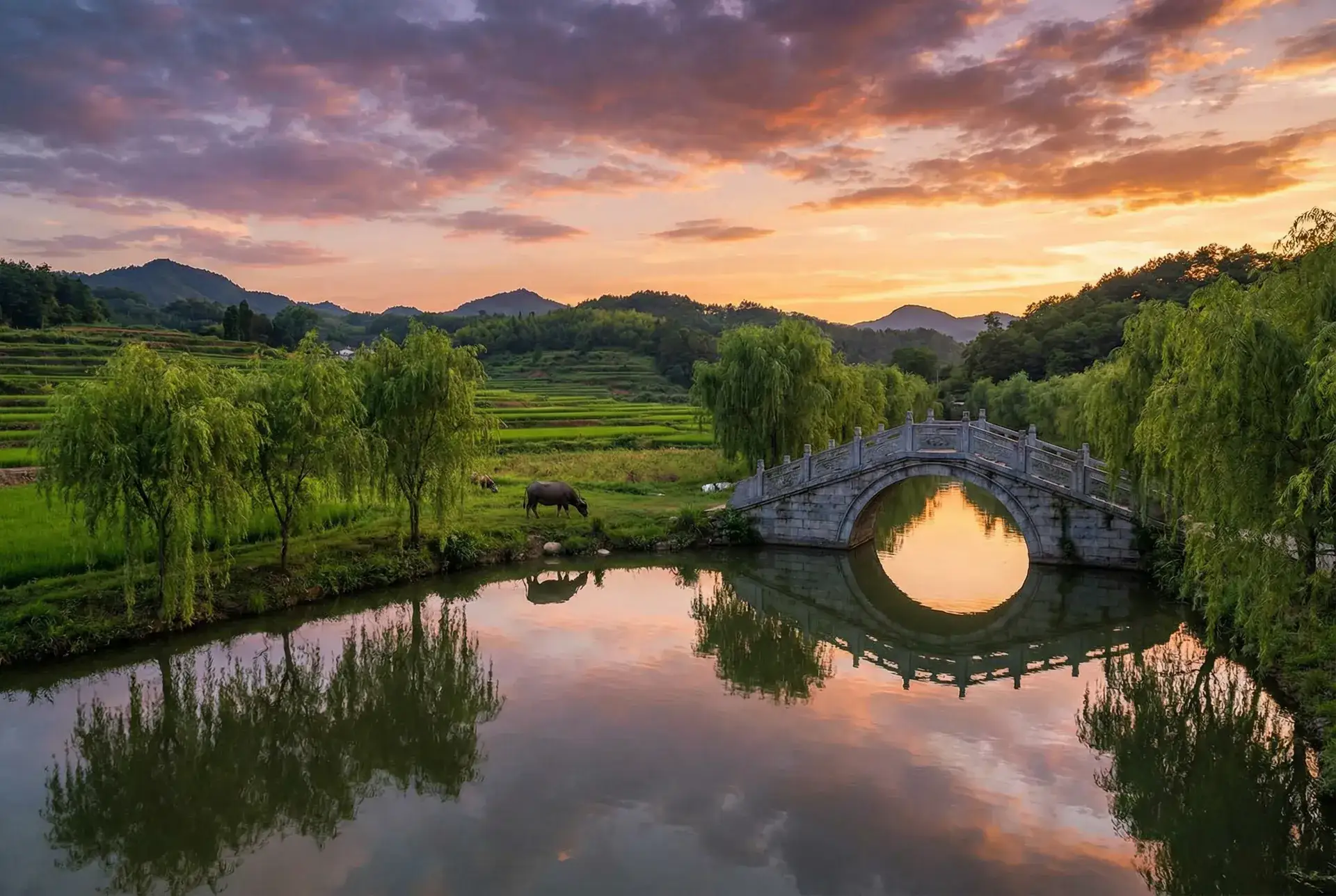 夕阳下的石拱桥与垂柳，水牛在河边吃草 - 元龙第二季在线观看全集免费播放 乡村美景